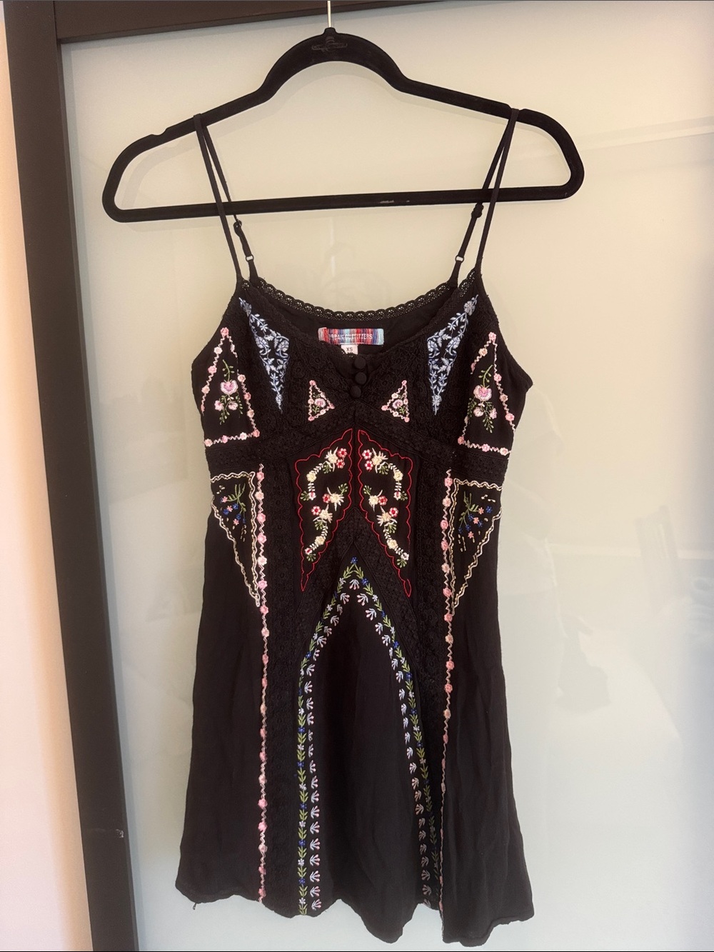 Like New Urban Outfitters Black Embroidered Spaghetti Strap Dress
